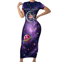 Funny Astronauts Sit On Flamingo Christmas Short Sleeve Bodycon Dress Xmas Holiday Patterns - Wonder Print Shop