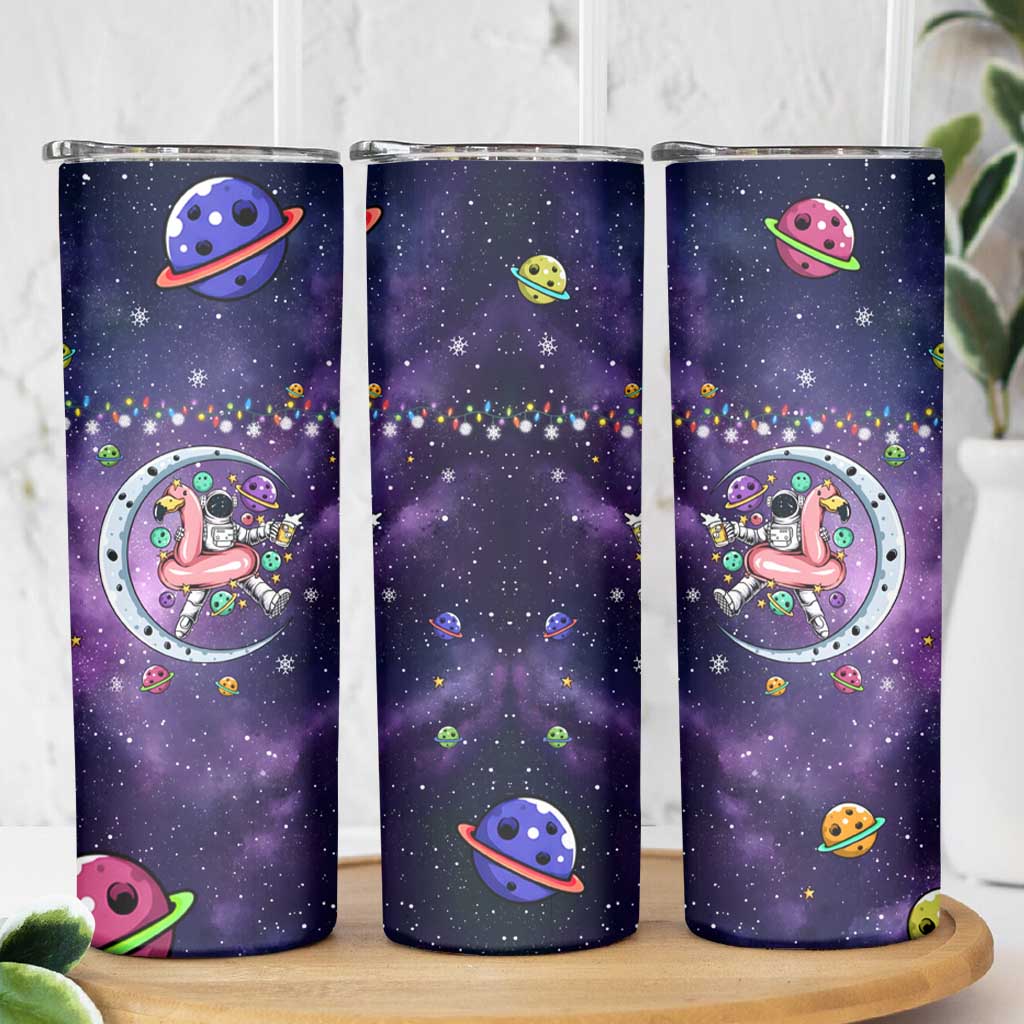 Funny Astronauts Sit On Flamingo Christmas Skinny Tumbler Xmas Holiday Patterns - Wonder Print Shop
