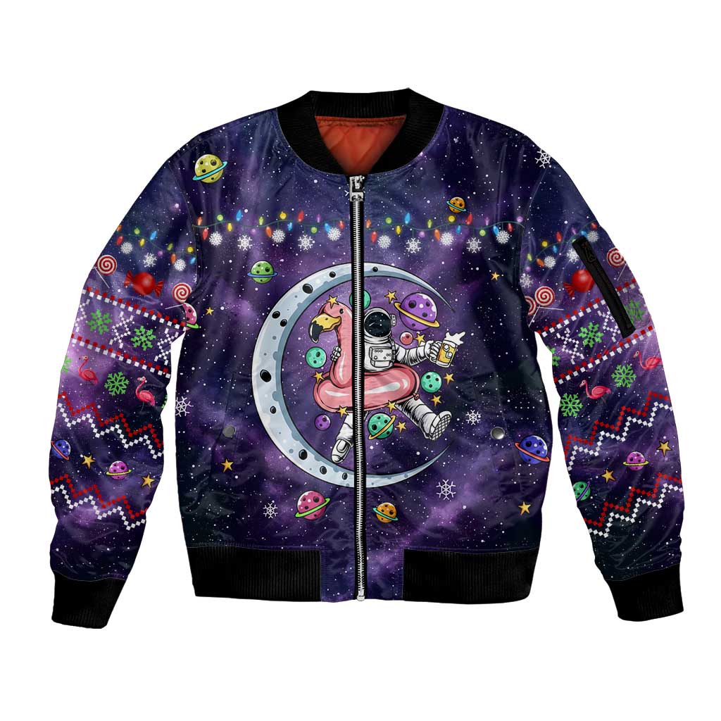 Funny Astronauts Sit On Flamingo Christmas Sleeve Zip Bomber Jacket Xmas Holiday Patterns - Wonder Print Shop