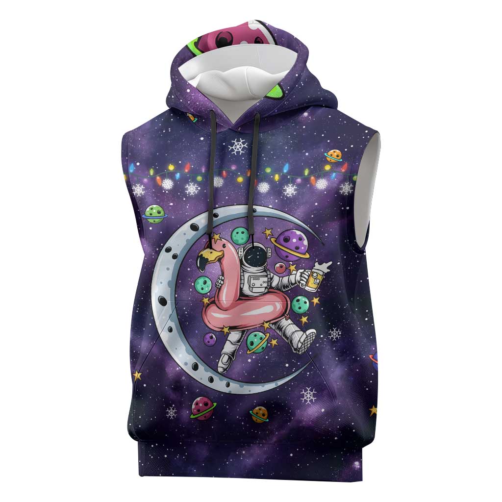 Funny Astronauts Sit On Flamingo Christmas Sleeveless Hoodie Xmas Holiday Patterns - Wonder Print Shop
