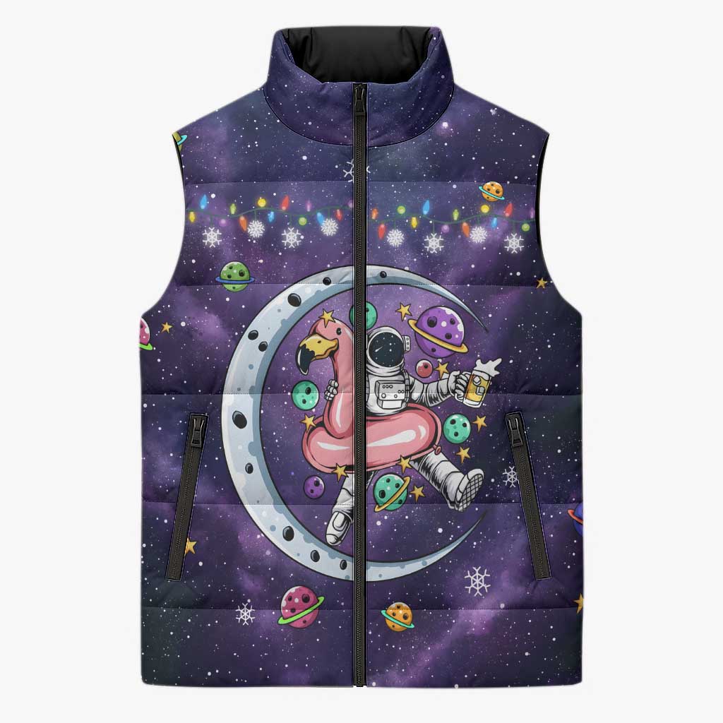 Funny Astronauts Sit On Flamingo Christmas Sleeveless Puffer Jacket Xmas Holiday Patterns - Wonder Print Shop