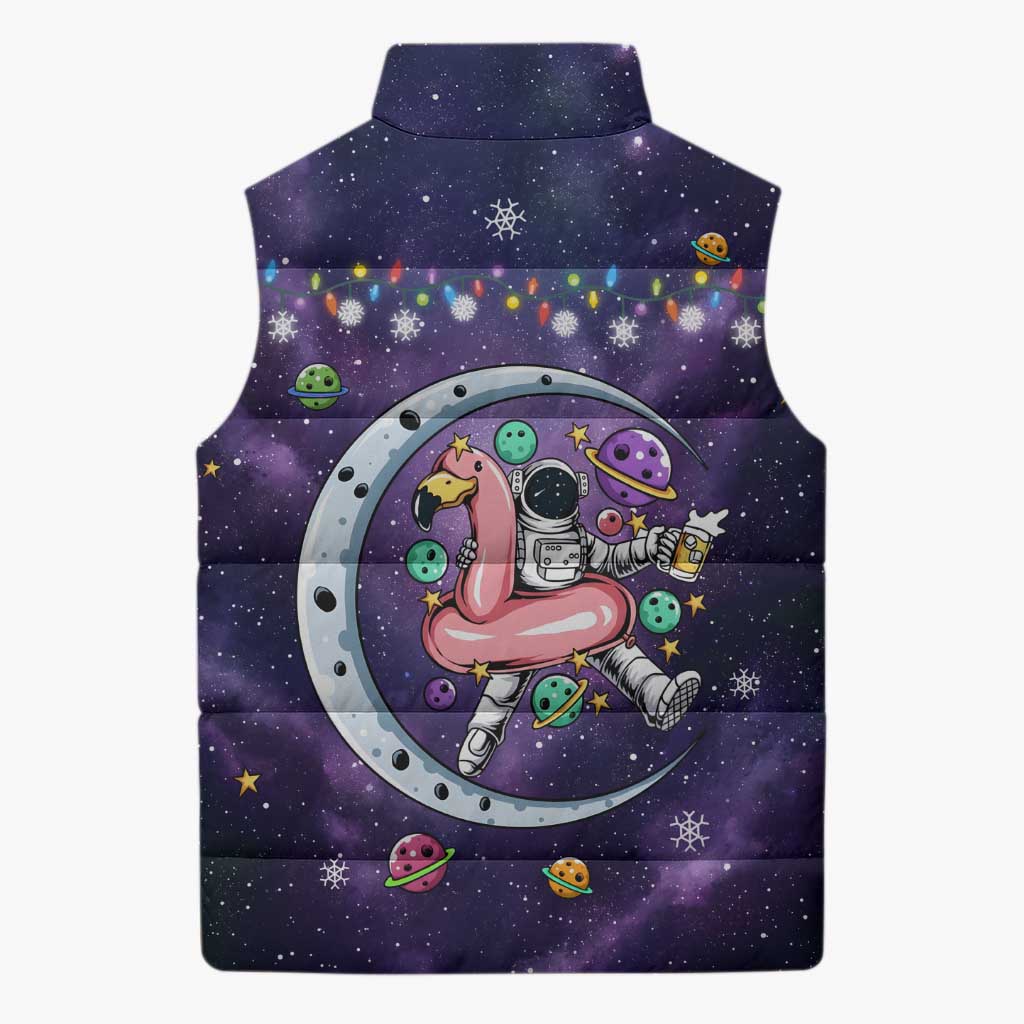 Funny Astronauts Sit On Flamingo Christmas Sleeveless Puffer Jacket Xmas Holiday Patterns - Wonder Print Shop