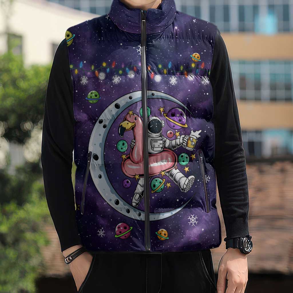 Funny Astronauts Sit On Flamingo Christmas Sleeveless Puffer Jacket Xmas Holiday Patterns - Wonder Print Shop