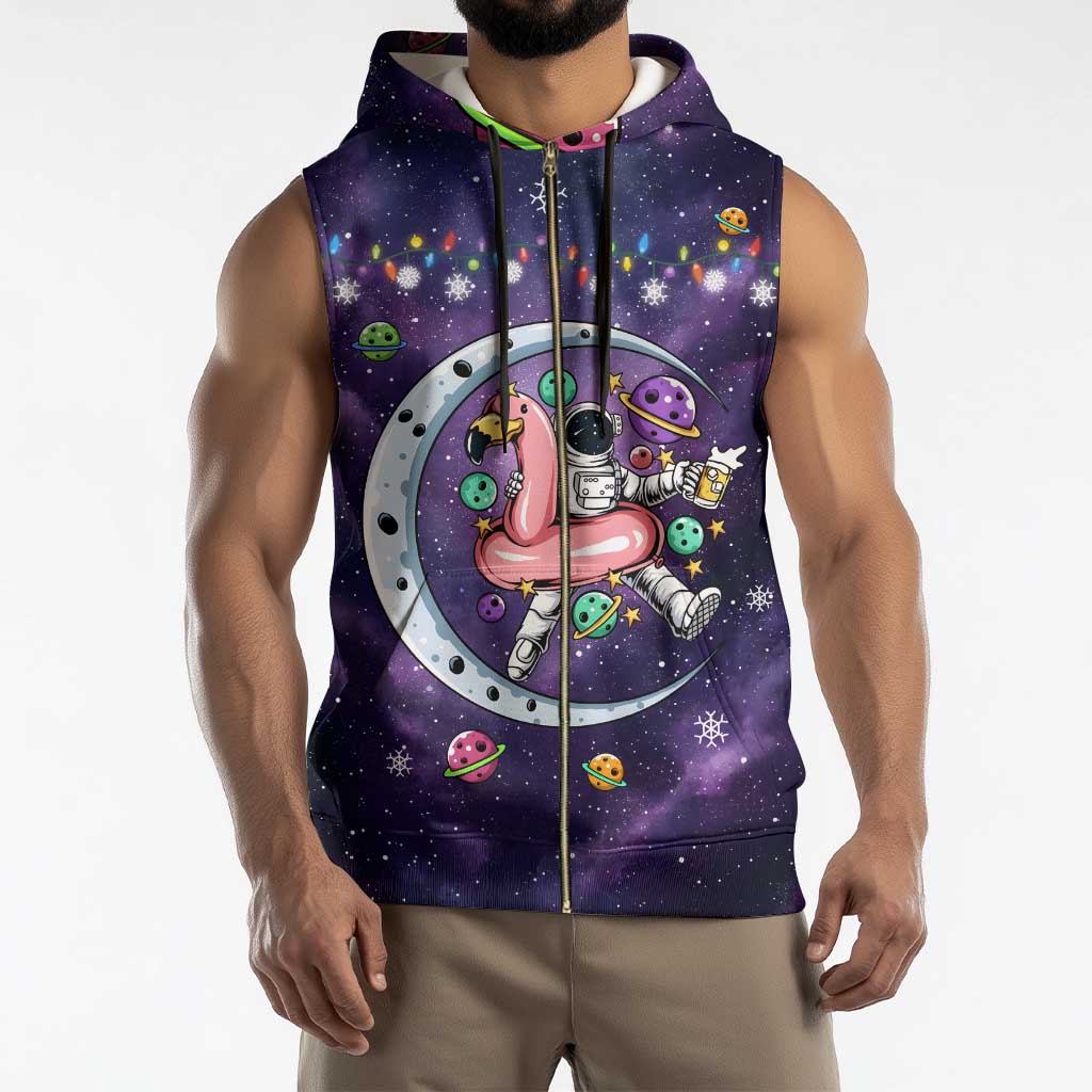 Funny Astronauts Sit On Flamingo Christmas Sleeveless Zip Hoodie Xmas Holiday Patterns - Wonder Print Shop