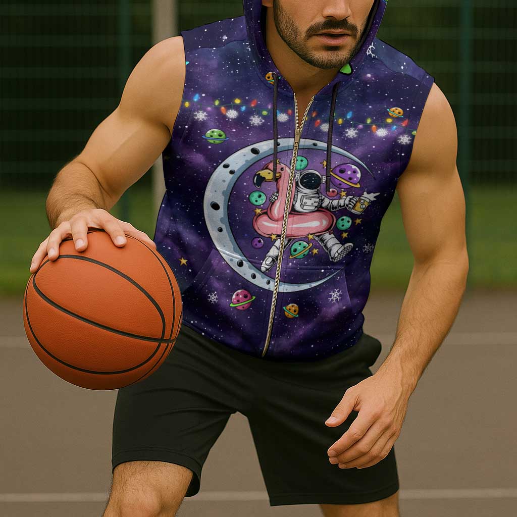 Funny Astronauts Sit On Flamingo Christmas Sleeveless Zip Hoodie Xmas Holiday Patterns - Wonder Print Shop