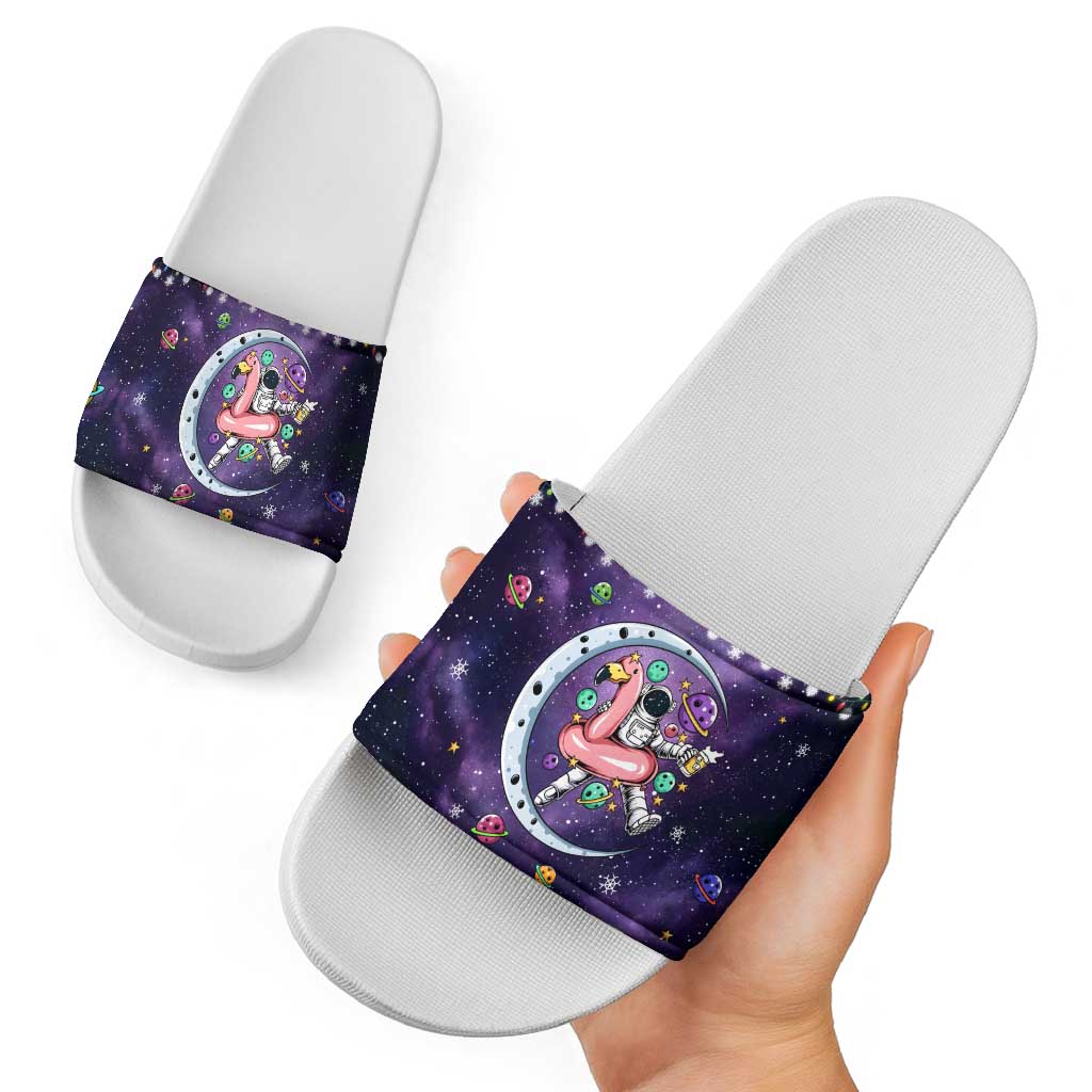 Funny Astronauts Sit On Flamingo Christmas Slide Sandals Xmas Holiday Patterns - Wonder Print Shop