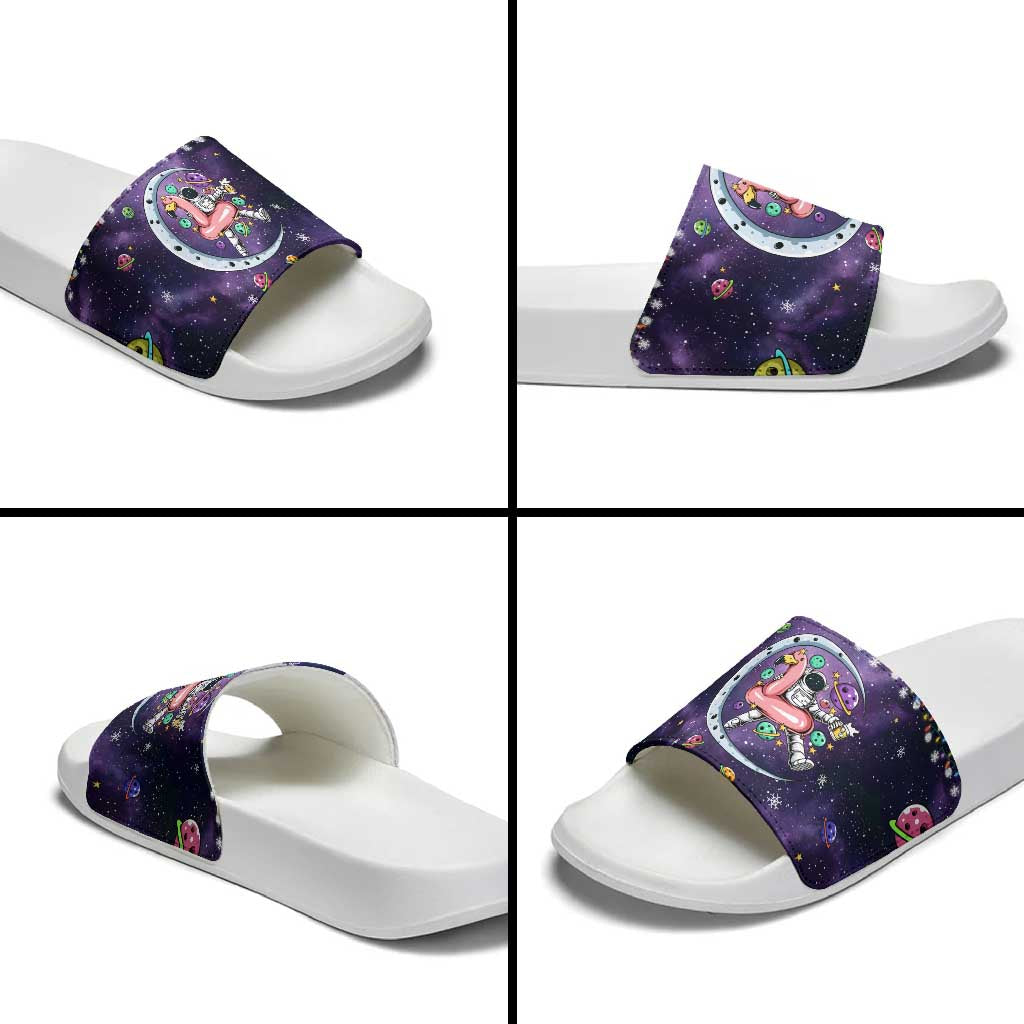 Funny Astronauts Sit On Flamingo Christmas Slide Sandals Xmas Holiday Patterns - Wonder Print Shop
