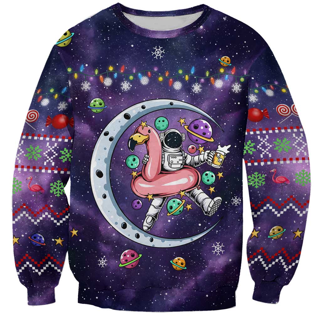 Funny Astronauts Sit On Flamingo Christmas Sweatshirt Xmas Holiday Patterns - Wonder Print Shop