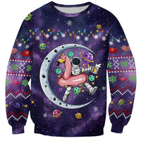 Funny Astronauts Sit On Flamingo Christmas Sweatshirt Xmas Holiday Patterns - Wonder Print Shop