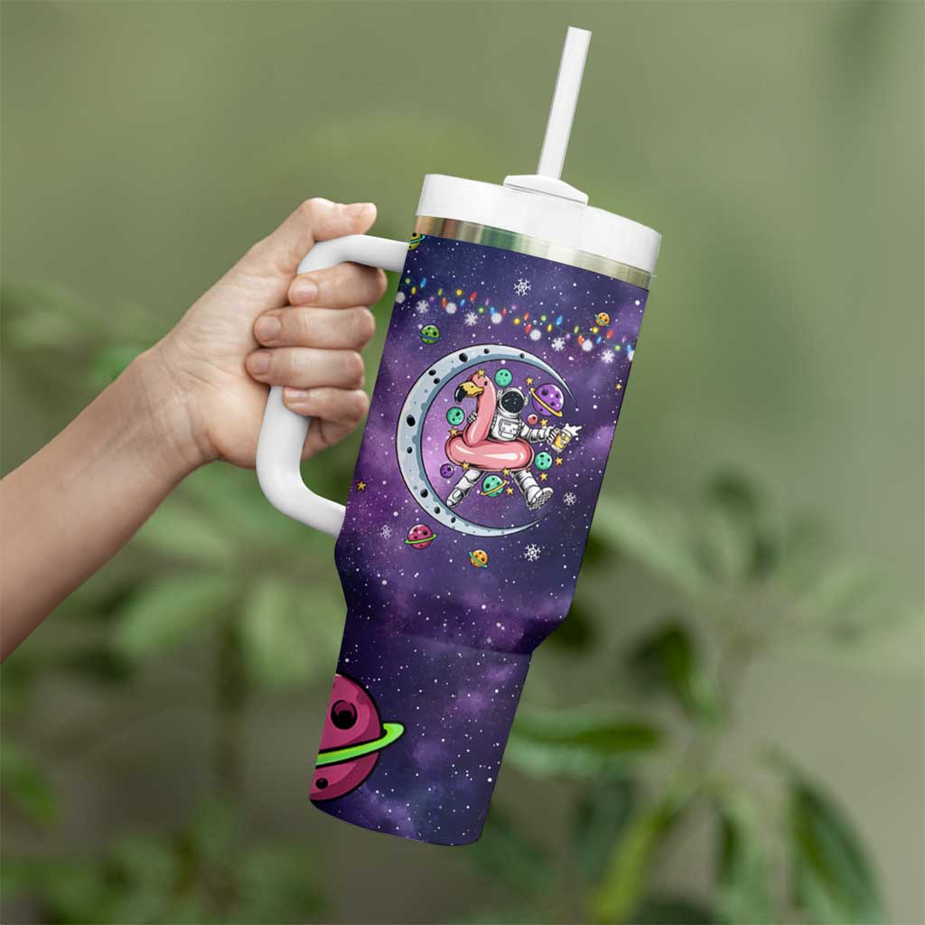 Funny Astronauts Sit On Flamingo Christmas Tumbler With Handle Xmas Holiday Patterns - Wonder Print Shop