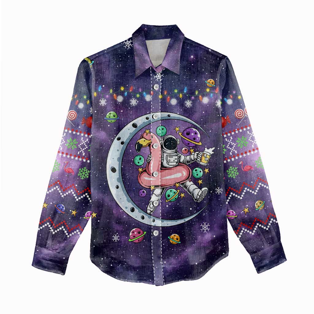Funny Astronauts Sit On Flamingo Christmas Women Casual Shirt Xmas Holiday Patterns - Wonder Print Shop