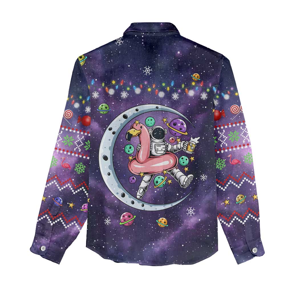 Funny Astronauts Sit On Flamingo Christmas Women Casual Shirt Xmas Holiday Patterns - Wonder Print Shop