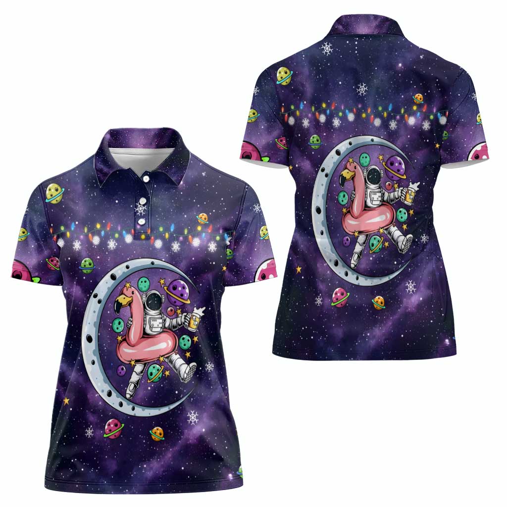 Funny Astronauts Sit On Flamingo Christmas Women Polo Shirt Xmas Holiday Patterns - Wonder Print Shop
