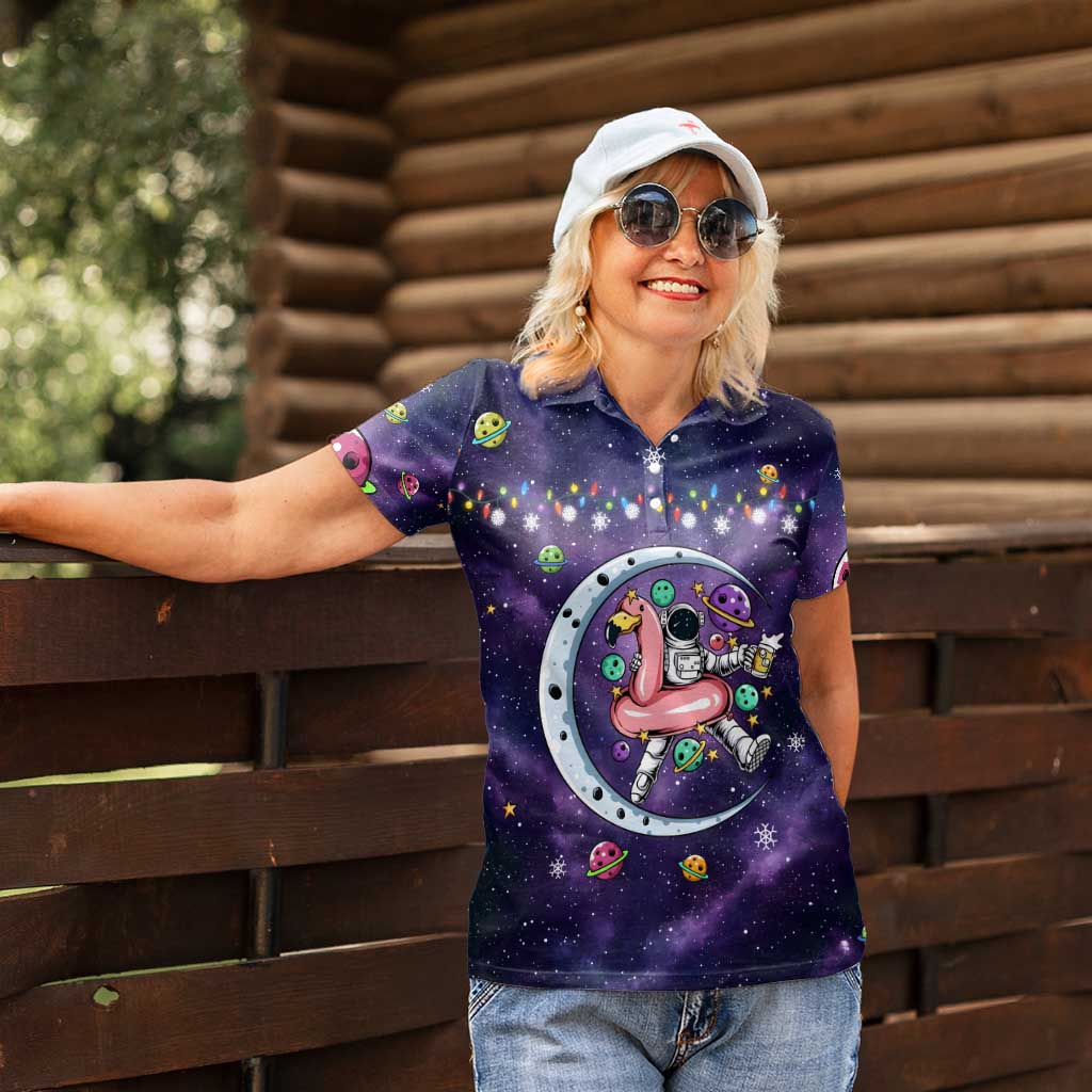 Funny Astronauts Sit On Flamingo Christmas Women Polo Shirt Xmas Holiday Patterns - Wonder Print Shop