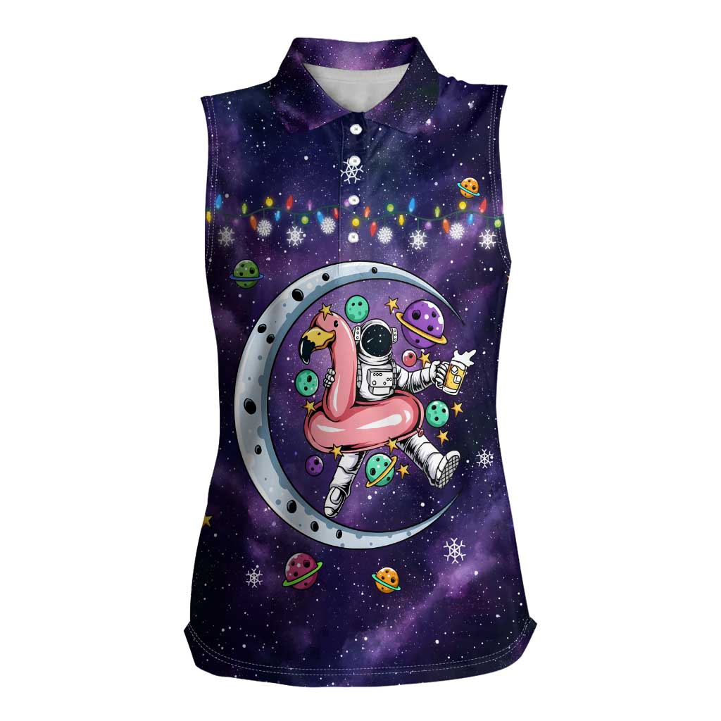 Funny Astronauts Sit On Flamingo Christmas Women Sleeveless Polo Shirt Xmas Holiday Patterns - Wonder Print Shop