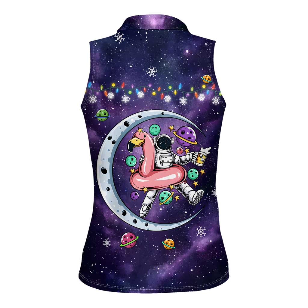 Funny Astronauts Sit On Flamingo Christmas Women Sleeveless Polo Shirt Xmas Holiday Patterns - Wonder Print Shop