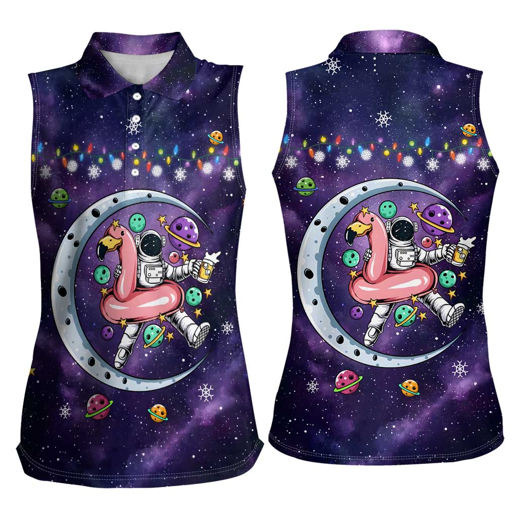 Funny Astronauts Sit On Flamingo Christmas Women Sleeveless Polo Shirt Xmas Holiday Patterns - Wonder Print Shop
