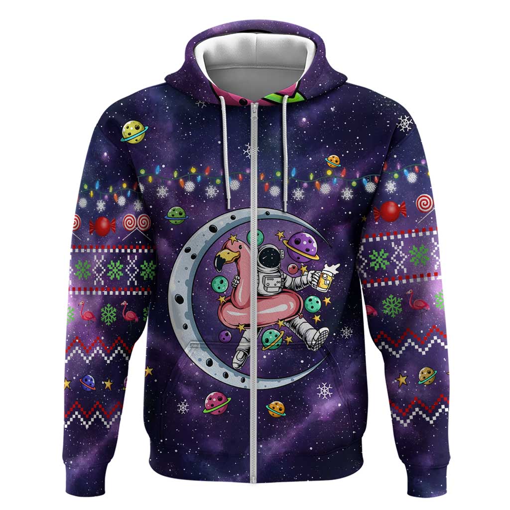 Funny Astronauts Sit On Flamingo Christmas Zip Hoodie Xmas Holiday Patterns - Wonder Print Shop