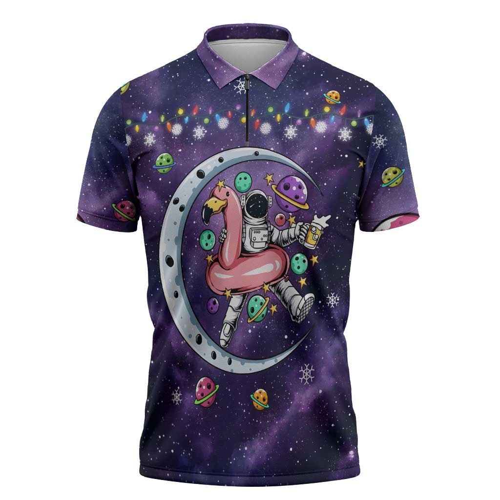Funny Astronauts Sit On Flamingo Christmas Zipper Polo Shirt Xmas Holiday Patterns - Wonder Print Shop