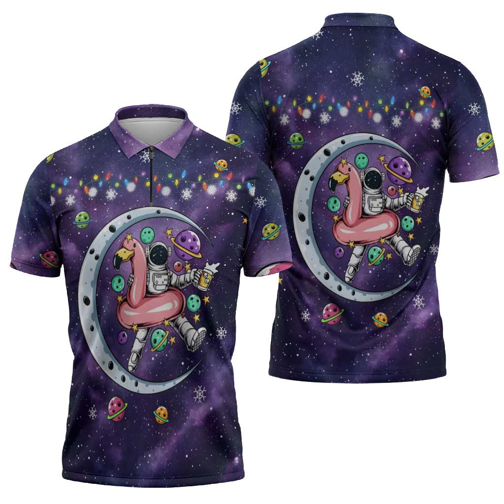 Funny Astronauts Sit On Flamingo Christmas Zipper Polo Shirt Xmas Holiday Patterns - Wonder Print Shop