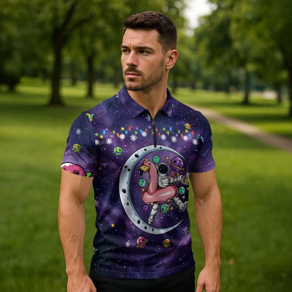 Funny Astronauts Sit On Flamingo Christmas Zipper Polo Shirt Xmas Holiday Patterns - Wonder Print Shop