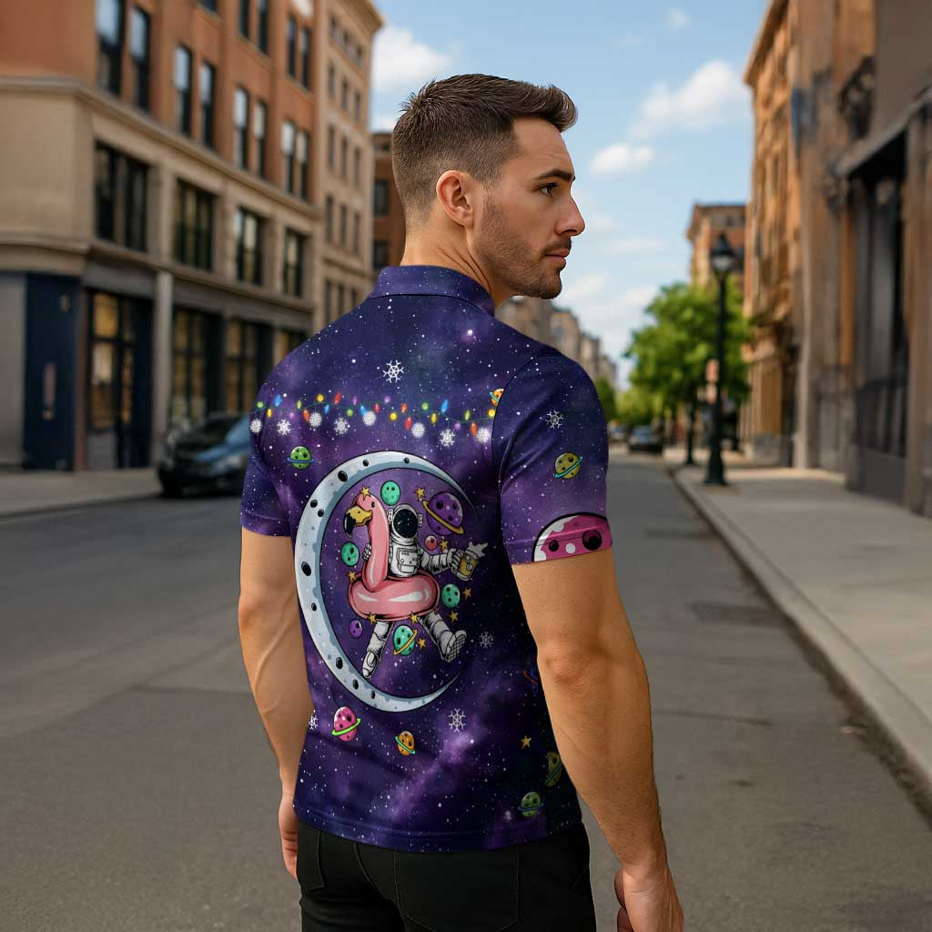 Funny Astronauts Sit On Flamingo Christmas Zipper Polo Shirt Xmas Holiday Patterns - Wonder Print Shop