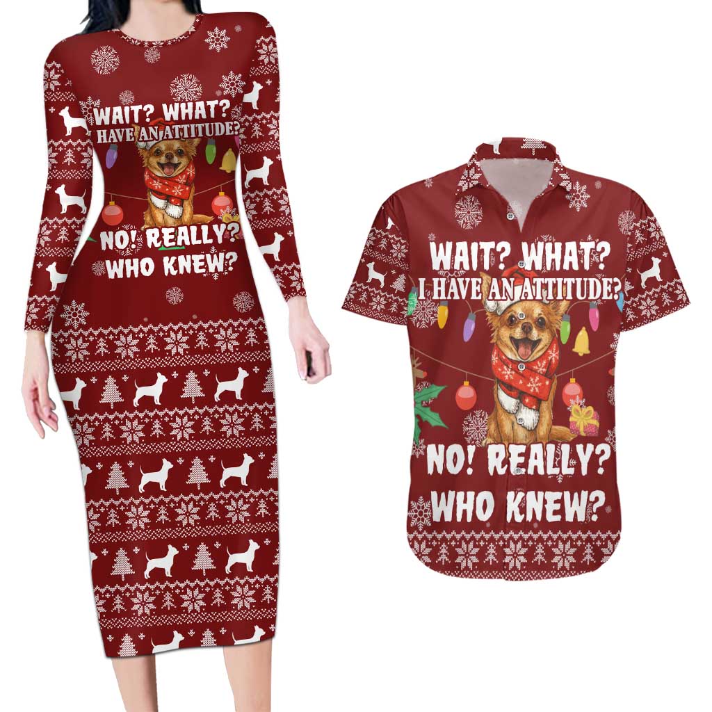 Chihuahua Attitude Christmas Couples Matching Long Sleeve Bodycon Dress and Hawaiian Shirt Xmas Holiday Patterns - Wonder Print Shop