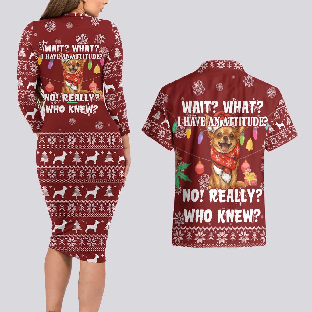 Chihuahua Attitude Christmas Couples Matching Long Sleeve Bodycon Dress and Hawaiian Shirt Xmas Holiday Patterns - Wonder Print Shop