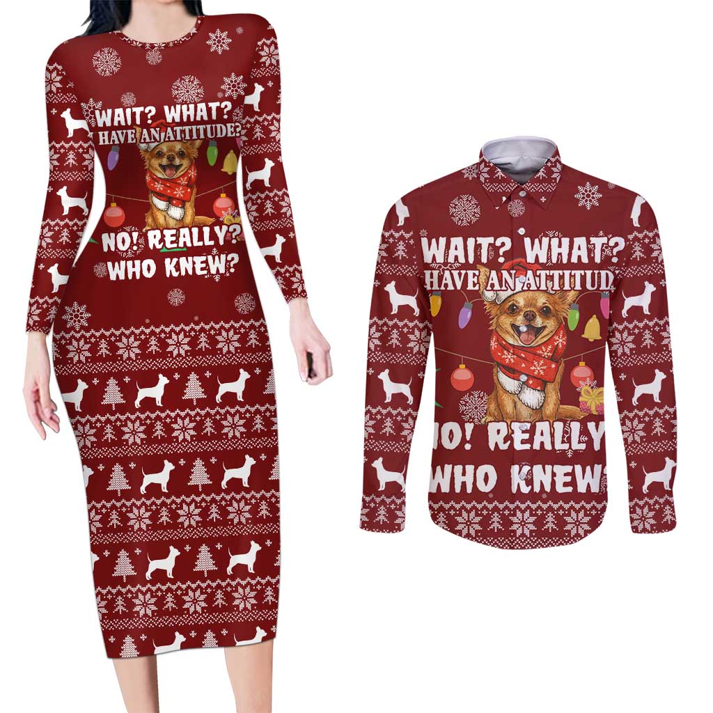 Chihuahua Attitude Christmas Couples Matching Long Sleeve Bodycon Dress and Long Sleeve Button Shirt Xmas Holiday Patterns - Wonder Print Shop