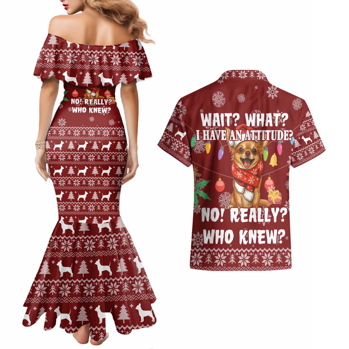 Chihuahua Attitude Christmas Couples Matching Mermaid Dress and Hawaiian Shirt Xmas Holiday Patterns - Wonder Print Shop