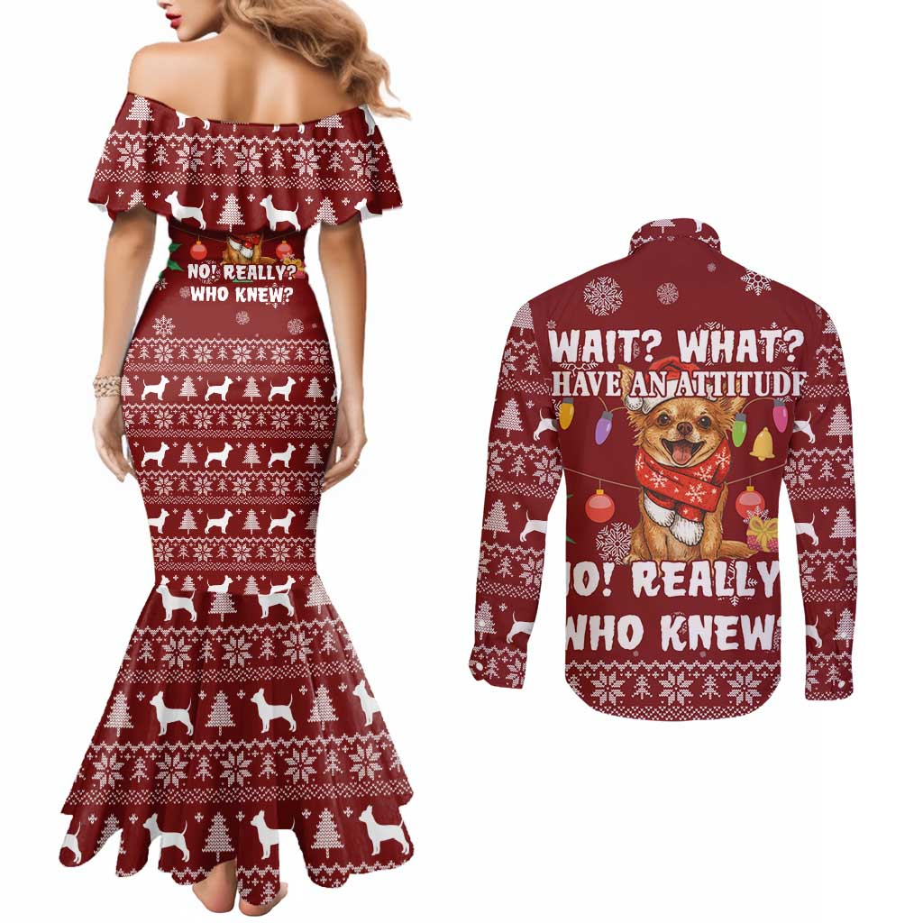 Chihuahua Attitude Christmas Couples Matching Mermaid Dress and Long Sleeve Button Shirt Xmas Holiday Patterns - Wonder Print Shop