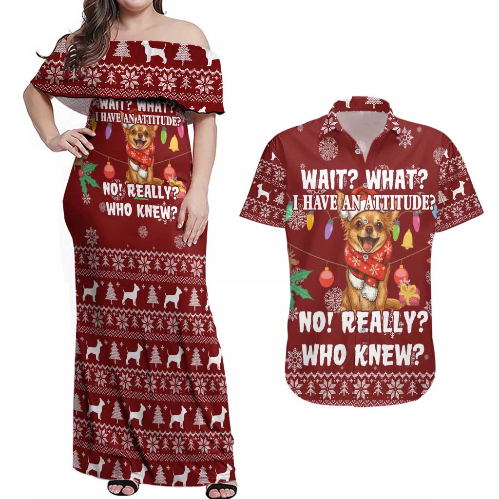 Chihuahua Attitude Christmas Couples Matching Off Shoulder Maxi Dress and Hawaiian Shirt Xmas Holiday Patterns - Wonder Print Shop