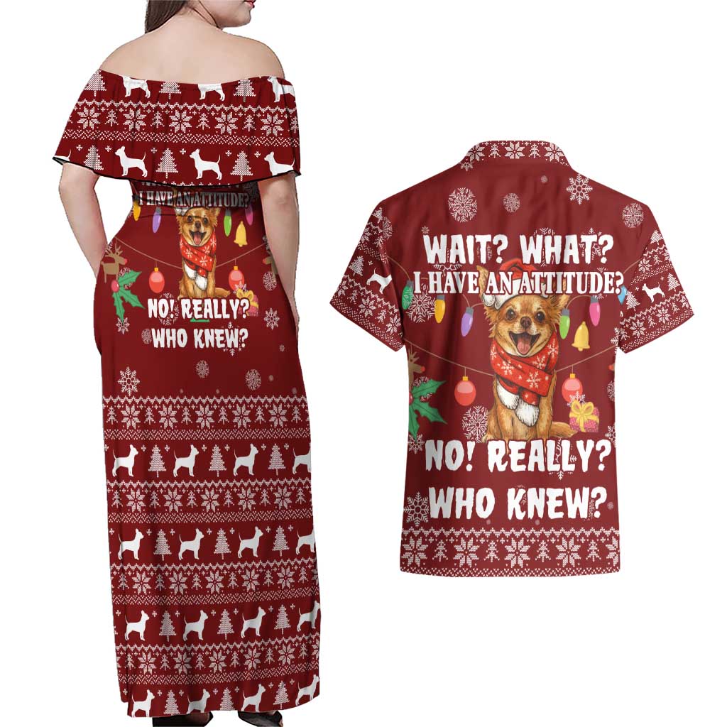 Chihuahua Attitude Christmas Couples Matching Off Shoulder Maxi Dress and Hawaiian Shirt Xmas Holiday Patterns - Wonder Print Shop