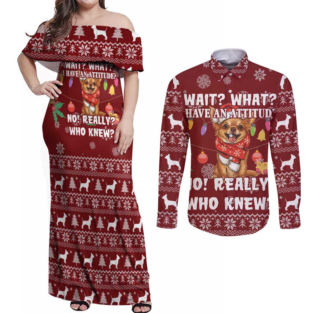 Chihuahua Attitude Christmas Couples Matching Off Shoulder Maxi Dress and Long Sleeve Button Shirt Xmas Holiday Patterns - Wonder Print Shop