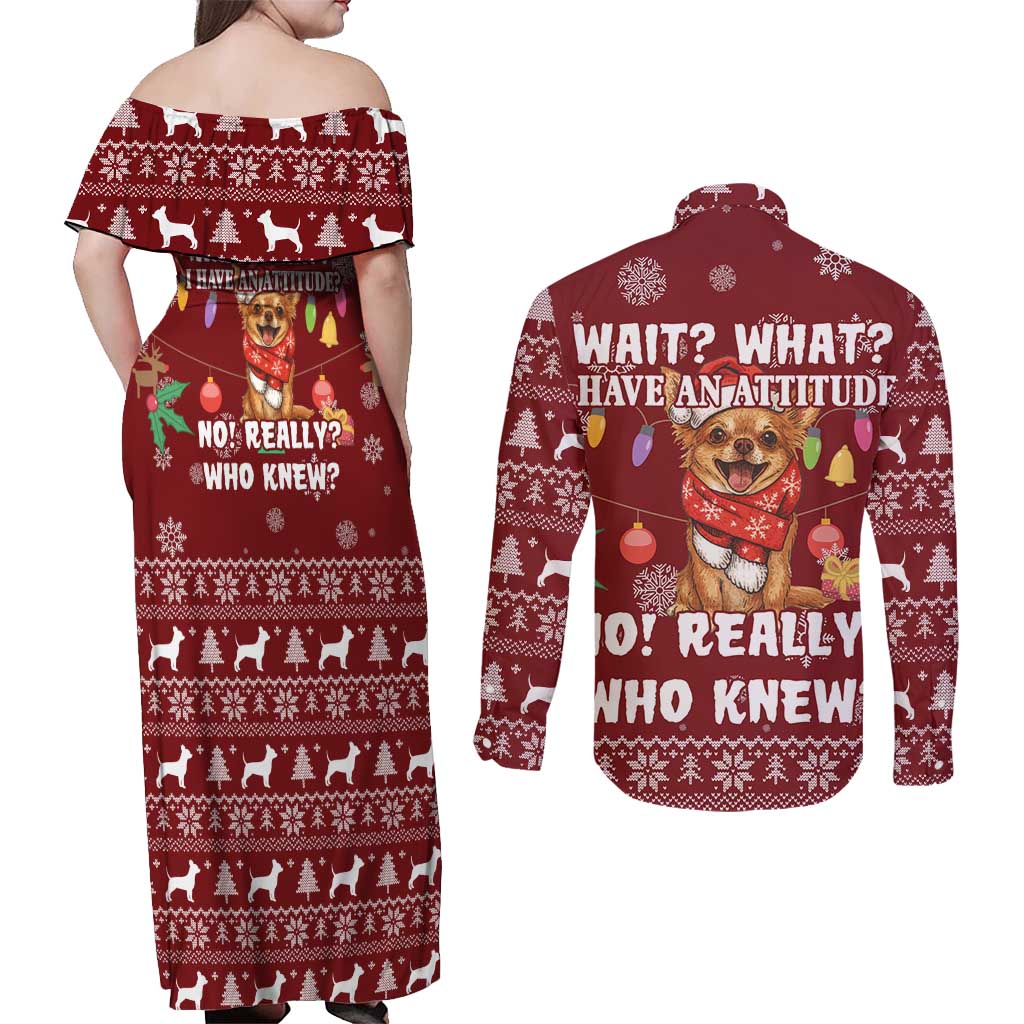 Chihuahua Attitude Christmas Couples Matching Off Shoulder Maxi Dress and Long Sleeve Button Shirt Xmas Holiday Patterns - Wonder Print Shop