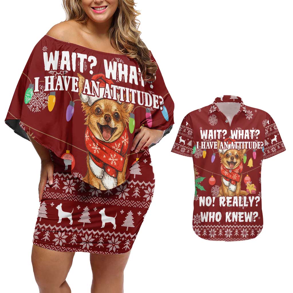 Chihuahua Attitude Christmas Couples Matching Off Shoulder Short Dress and Hawaiian Shirt Xmas Holiday Patterns - Wonder Print Shop
