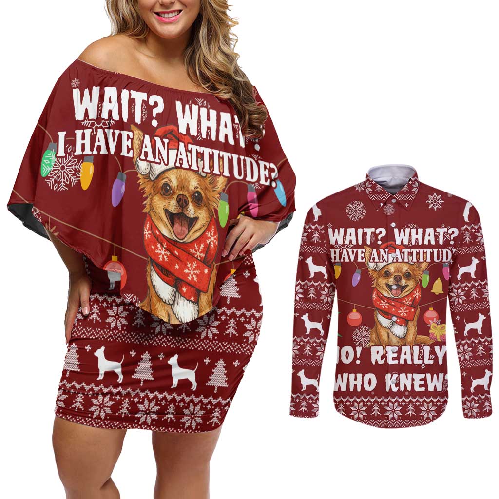Chihuahua Attitude Christmas Couples Matching Off Shoulder Short Dress and Long Sleeve Button Shirt Xmas Holiday Patterns - Wonder Print Shop