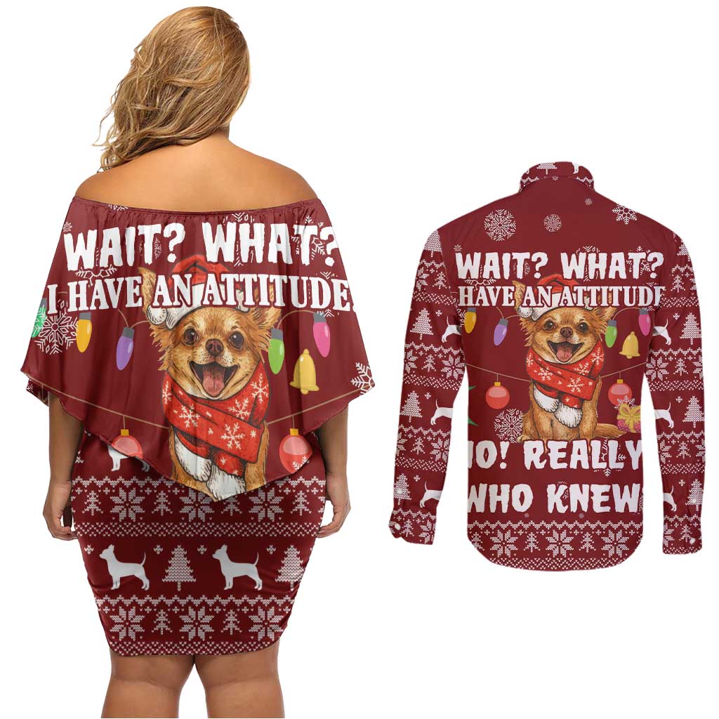 Chihuahua Attitude Christmas Couples Matching Off Shoulder Short Dress and Long Sleeve Button Shirt Xmas Holiday Patterns - Wonder Print Shop