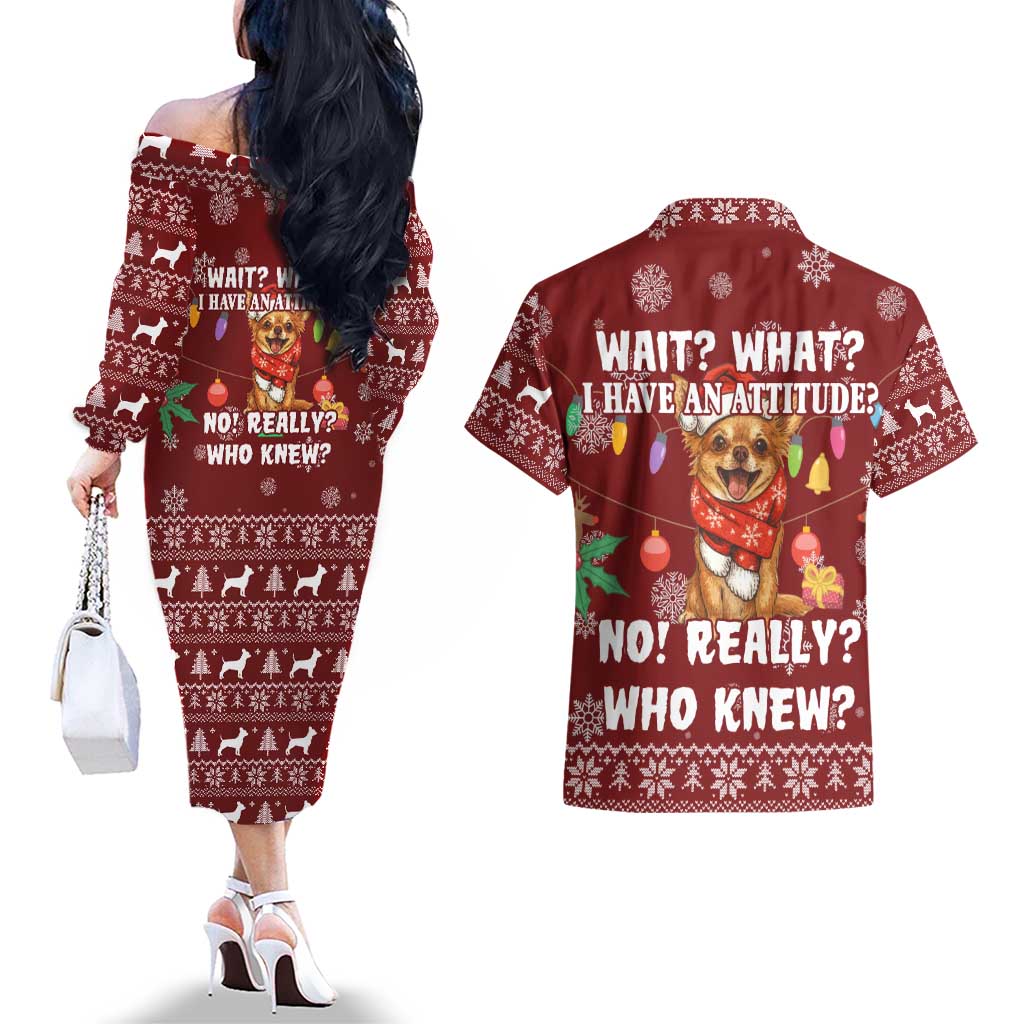 Chihuahua Attitude Christmas Couples Matching Off The Shoulder Long Sleeve Dress and Hawaiian Shirt Xmas Holiday Patterns - Wonder Print Shop