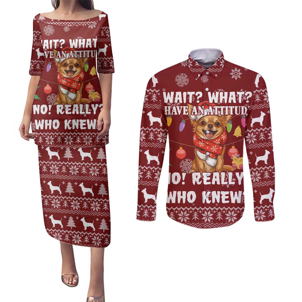 Chihuahua Attitude Christmas Couples Matching Puletasi and Long Sleeve Button Shirt Xmas Holiday Patterns - Wonder Print Shop