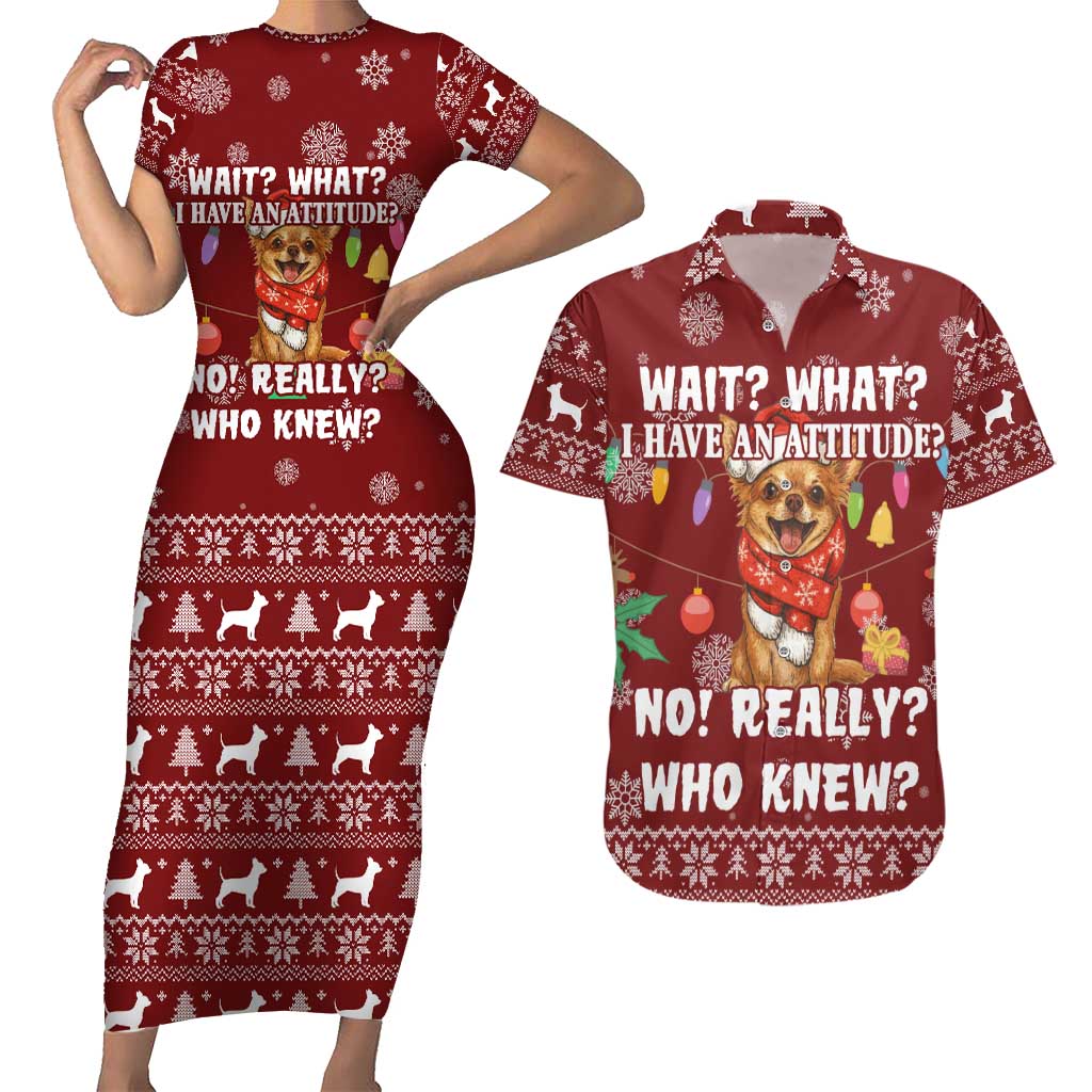 Chihuahua Attitude Christmas Couples Matching Short Sleeve Bodycon Dress and Hawaiian Shirt Xmas Holiday Patterns - Wonder Print Shop