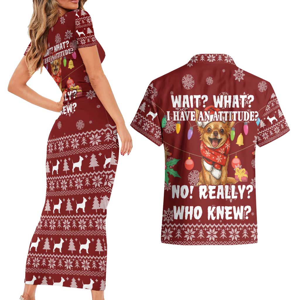 Chihuahua Attitude Christmas Couples Matching Short Sleeve Bodycon Dress and Hawaiian Shirt Xmas Holiday Patterns - Wonder Print Shop