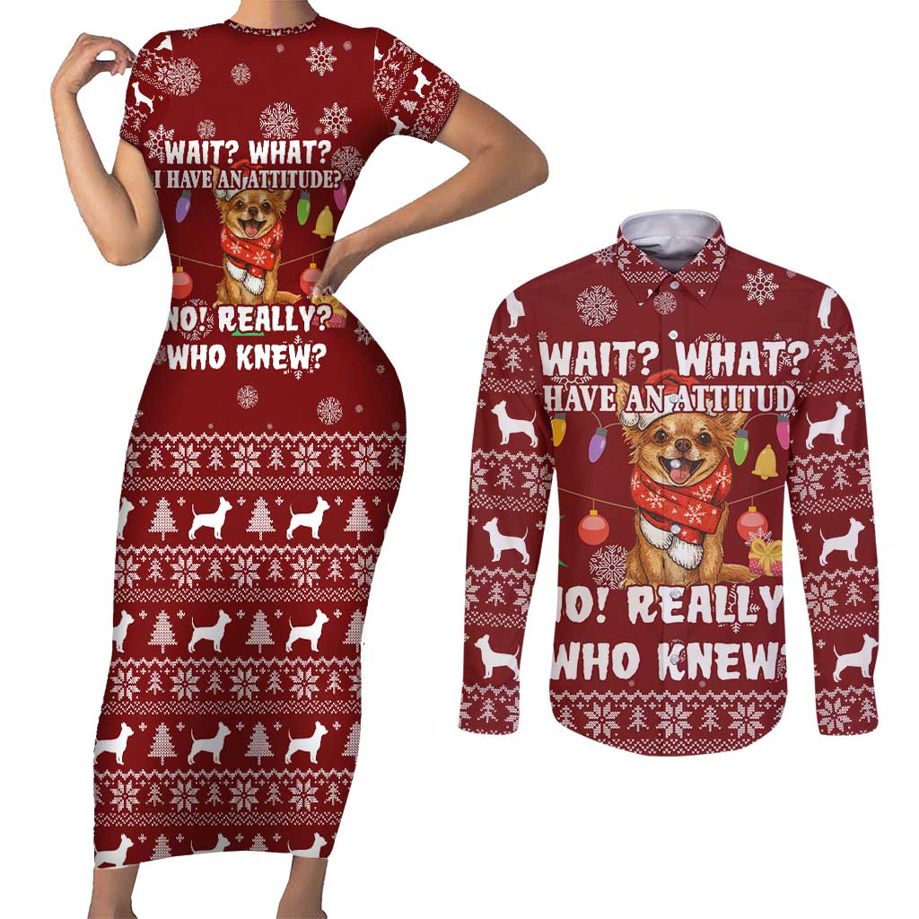 Chihuahua Attitude Christmas Couples Matching Short Sleeve Bodycon Dress and Long Sleeve Button Shirt Xmas Holiday Patterns - Wonder Print Shop