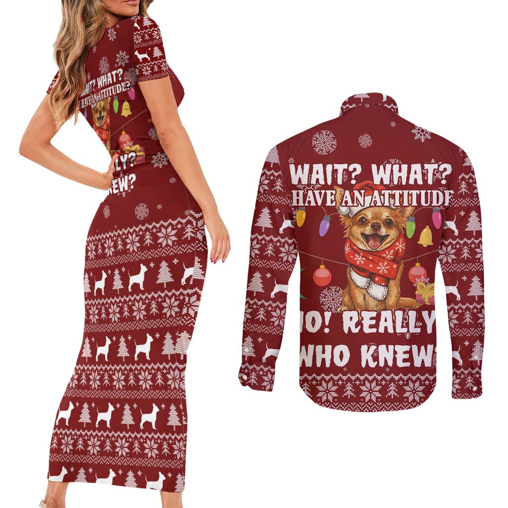 Chihuahua Attitude Christmas Couples Matching Short Sleeve Bodycon Dress and Long Sleeve Button Shirt Xmas Holiday Patterns - Wonder Print Shop