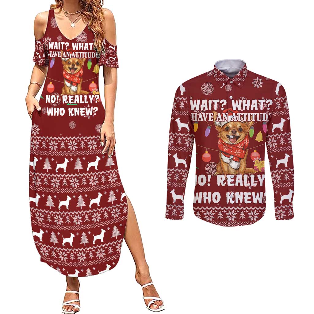 Chihuahua Attitude Christmas Couples Matching Summer Maxi Dress and Long Sleeve Button Shirt Xmas Holiday Patterns - Wonder Print Shop