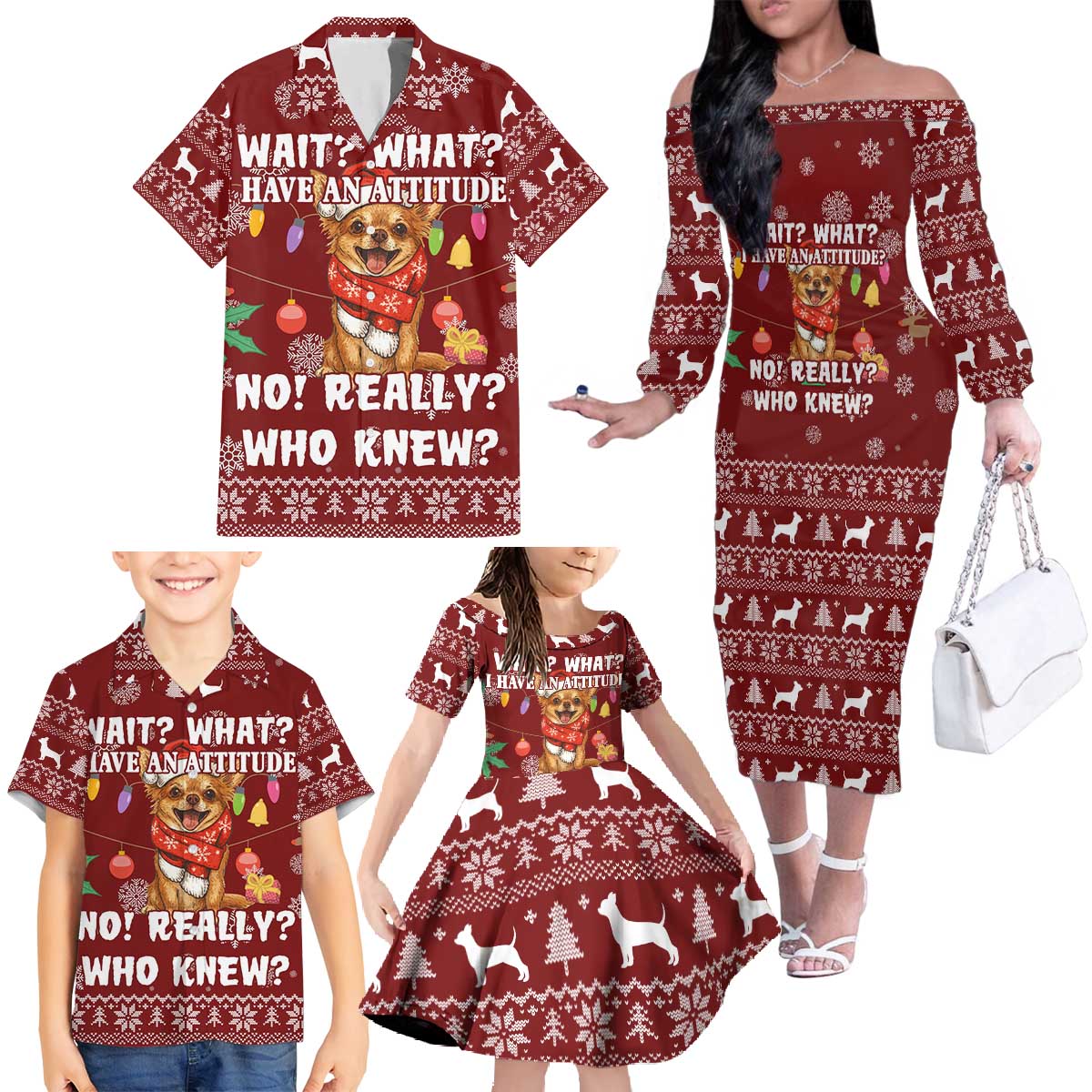 Chihuahua Attitude Christmas Family Matching Off The Shoulder Long Sleeve Dress and Hawaiian Shirt Xmas Holiday Patterns - Wonder Print Shop