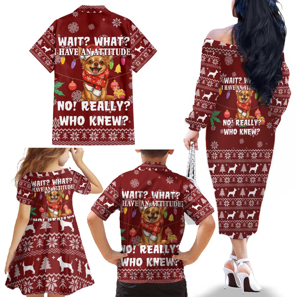 Chihuahua Attitude Christmas Family Matching Off The Shoulder Long Sleeve Dress and Hawaiian Shirt Xmas Holiday Patterns - Wonder Print Shop
