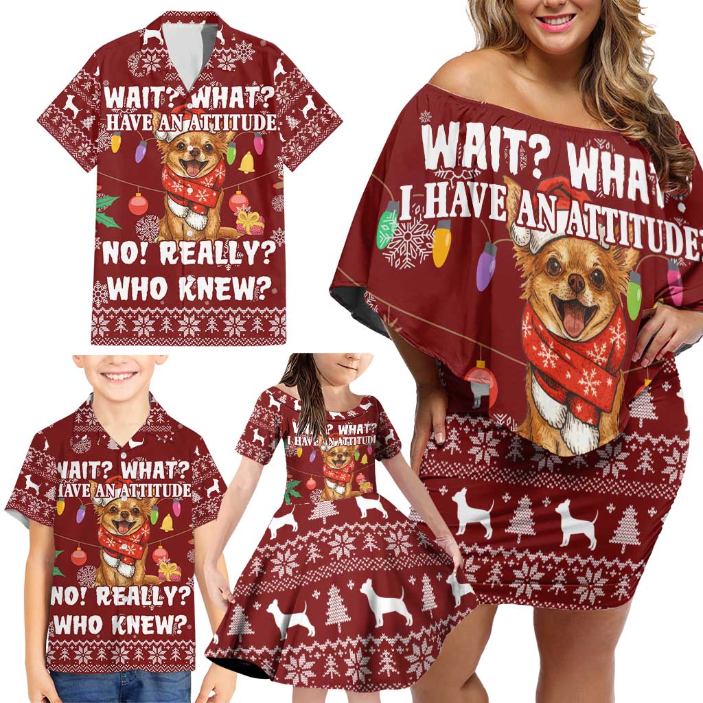 Chihuahua Attitude Christmas Family Matching Off Shoulder Short Dress and Hawaiian Shirt Xmas Holiday Patterns - Wonder Print Shop