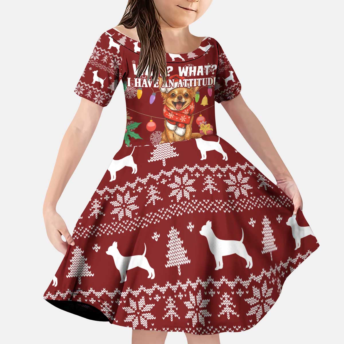 Chihuahua Attitude Christmas Kid Short Sleeve Dress Xmas Holiday Patterns - Wonder Print Shop