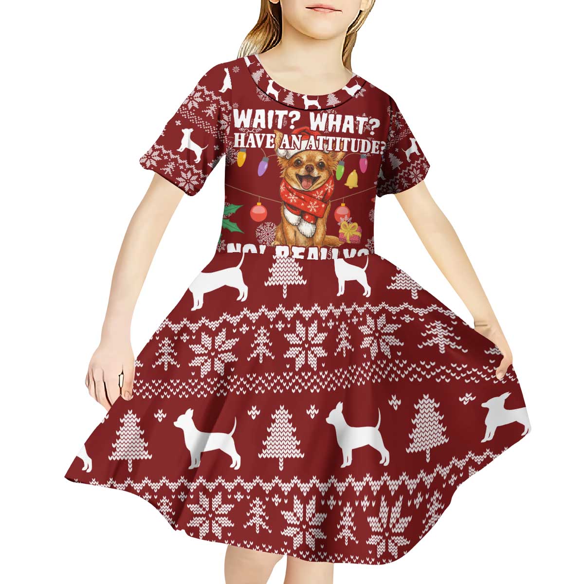 Chihuahua Attitude Christmas Kid Short Sleeve Dress Xmas Holiday Patterns - Wonder Print Shop